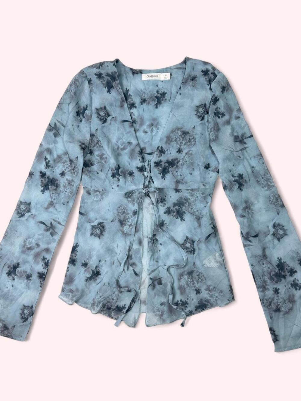 Glassons blue floral tie front blouse with long sleeves